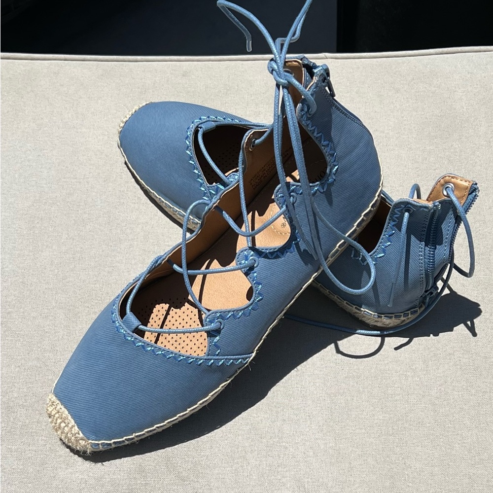 Brand new espadrilles in faux denim. Size 10.